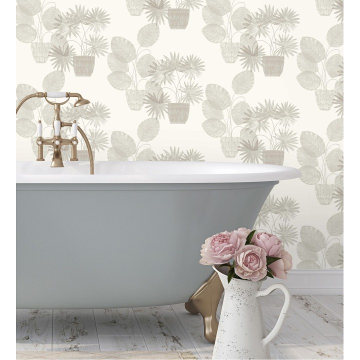 Papel pintado de macetas de hojas de palma beige - Imena Pots 682348