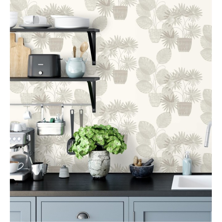 Papel pintado de macetas de hojas de palma beige - Imena Pots 682348