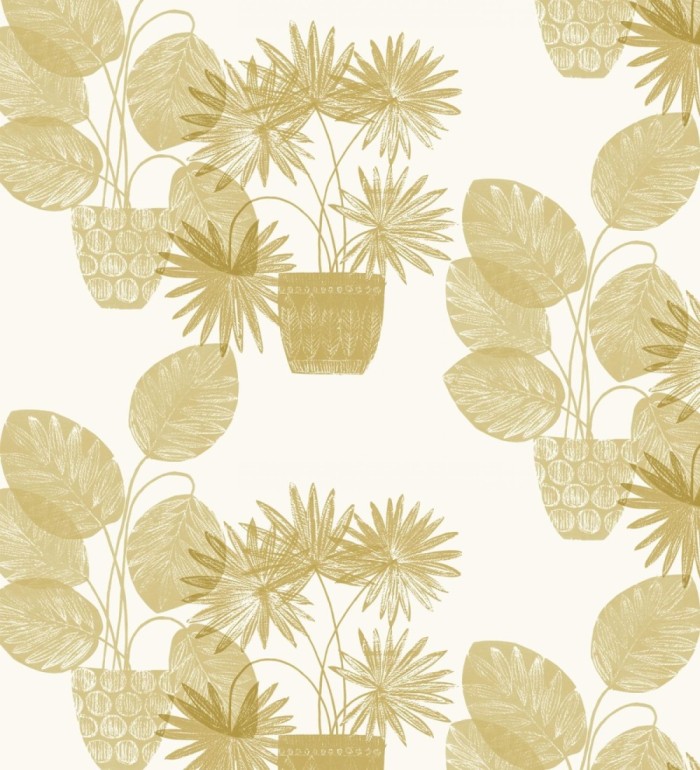 Papel pintado de macetas de hojas de palma amarillo mostaza - Imena Pots 682350