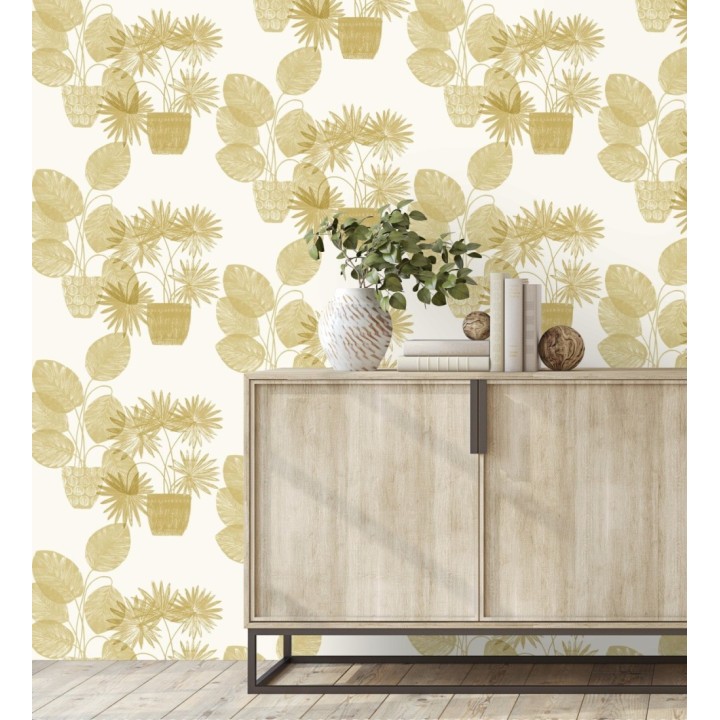 Papel pintado de macetas de hojas de palma amarillo mostaza - Imena Pots 682350