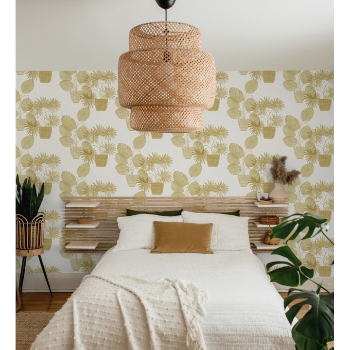 Papel pintado de macetas de hojas de palma amarillo mostaza - Imena Pots 682350