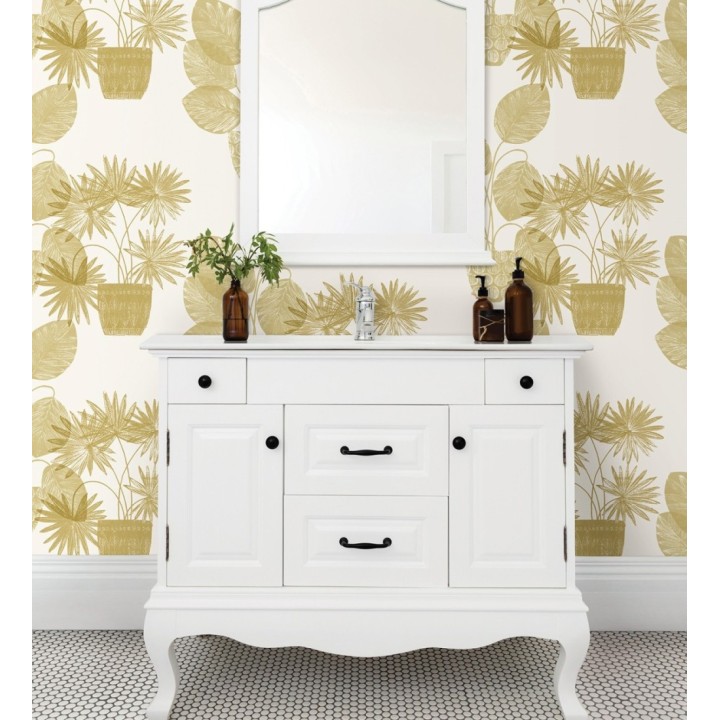 Papel pintado de macetas de hojas de palma amarillo mostaza - Imena Pots 682350