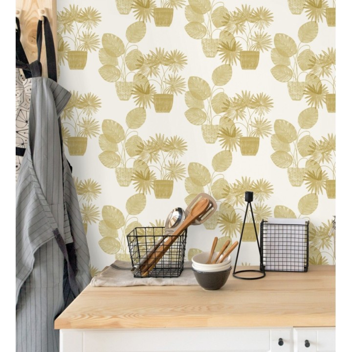 Papel pintado de macetas de hojas de palma amarillo mostaza - Imena Pots 682350
