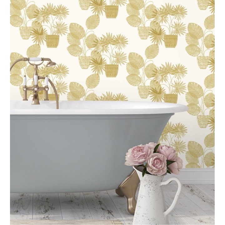 Papel pintado de macetas de hojas de palma amarillo mostaza - Imena Pots 682350
