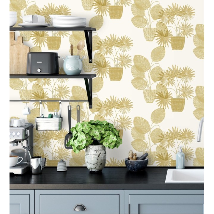 Papel pintado de macetas de hojas de palma amarillo mostaza - Imena Pots 682350