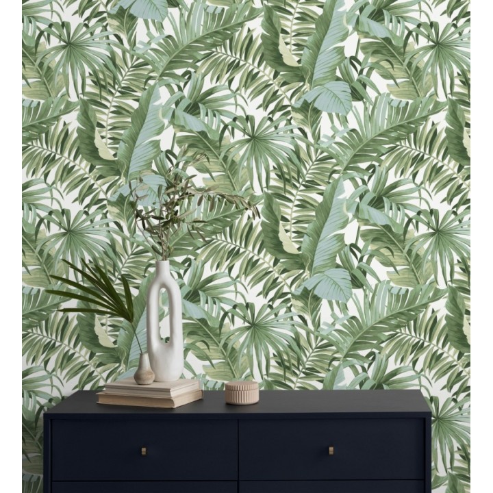 Papel pintado de hojas tropicales verde y blanco - Maldivas Tropical 682357