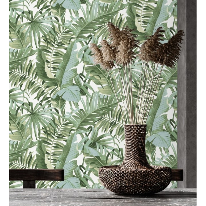 Papel pintado de hojas tropicales verde y blanco - Maldivas Tropical 682357