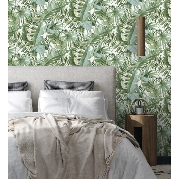 Papel pintado de hojas tropicales verde y blanco - Maldivas Tropical 682357