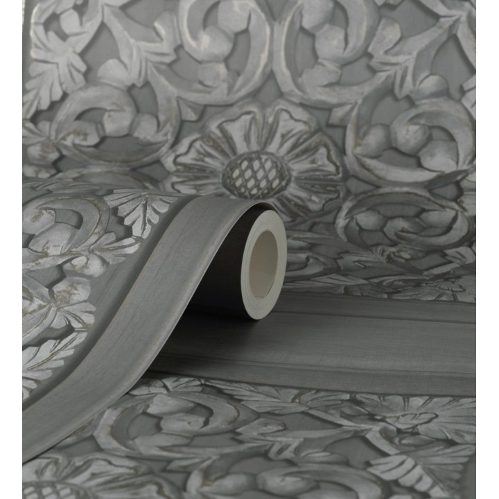 Papel pintado casetones barrocos grises con efecto madera tallada sin relieve - Odeon Rail 682359