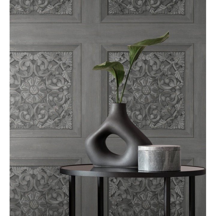 Papel pintado casetones barrocos grises con efecto madera tallada sin relieve - Odeon Rail 682359