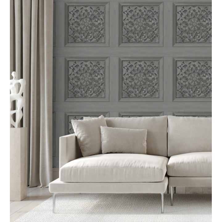 Papel pintado casetones barrocos grises con efecto madera tallada sin relieve - Odeon Rail 682359
