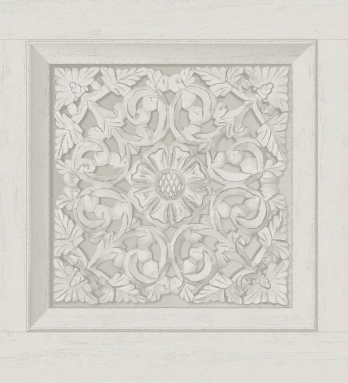 Papel pintado casetones barrocos gris claro con efecto madera tallada sin relieve - Odeon Rail 682360