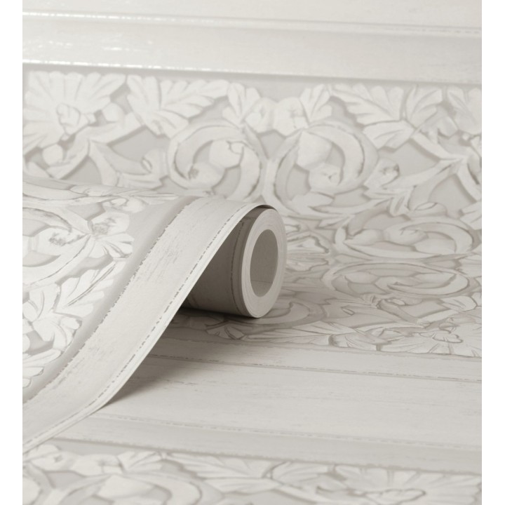 Papel pintado casetones barrocos gris claro con efecto madera tallada sin relieve - Odeon Rail 682360