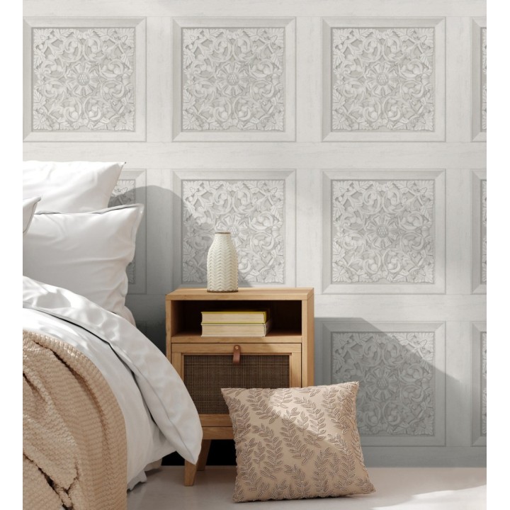 Papel pintado casetones barrocos gris claro con efecto madera tallada sin relieve - Odeon Rail 682360