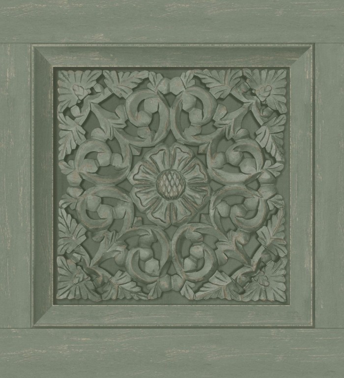 Papel pintado casetones barrocos verdes con efecto madera tallada sin relieve - Odeon Rail 682361