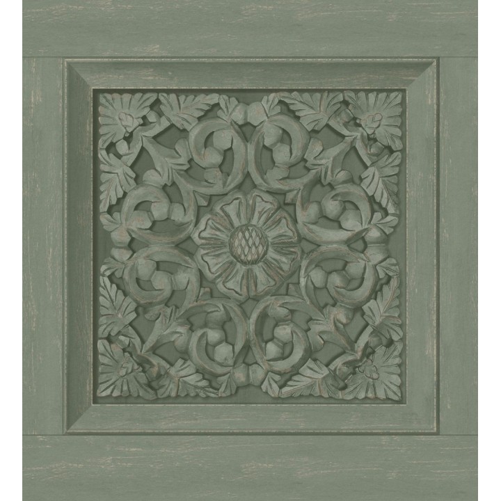 Papel pintado casetones barrocos verdes con efecto madera tallada sin relieve - Odeon Rail 682361