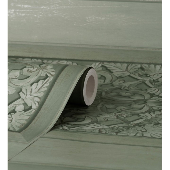 Papel pintado casetones barrocos verdes con efecto madera tallada sin relieve - Odeon Rail 682361