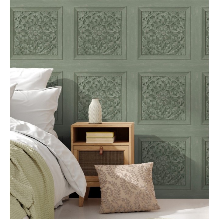 Papel pintado casetones barrocos verdes con efecto madera tallada sin relieve - Odeon Rail 682361