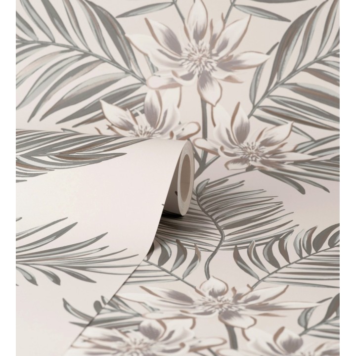 Papel pintado de hojas de palmera con flores estilo tropical color gris y beige claro - Malibu Palms 682362