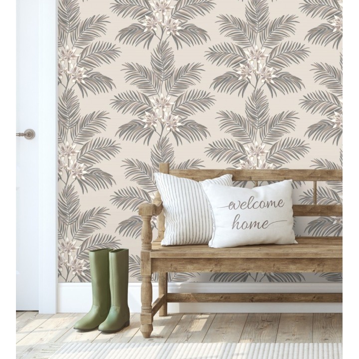 Papel pintado de hojas de palmera con flores estilo tropical color gris y beige claro - Malibu Palms 682362