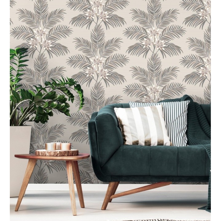 Papel pintado de hojas de palmera con flores estilo tropical color gris y beige claro - Malibu Palms 682362