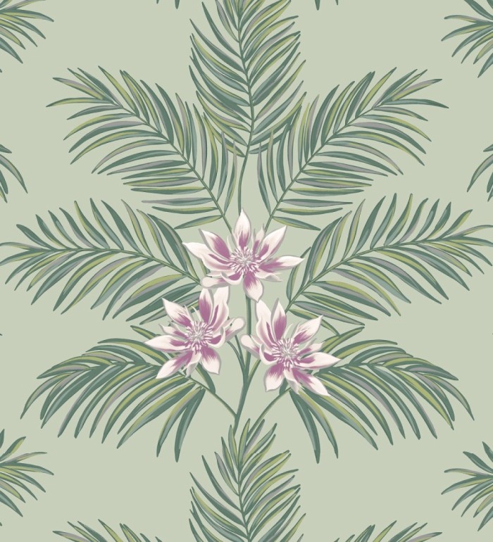 Papel pintado de hojas de palmera con flores estilo tropical color verde claro - Malibu Palms 682363