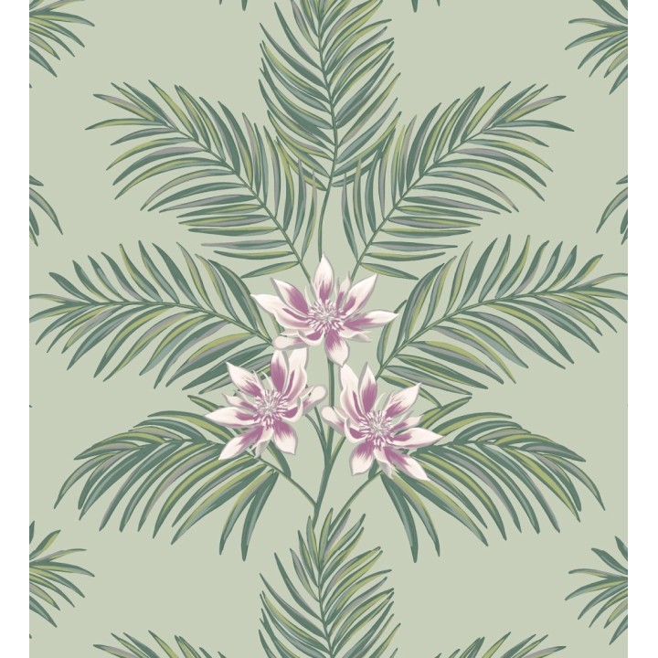 Papel pintado de hojas de palmera con flores estilo tropical color verde claro - Malibu Palms 682363