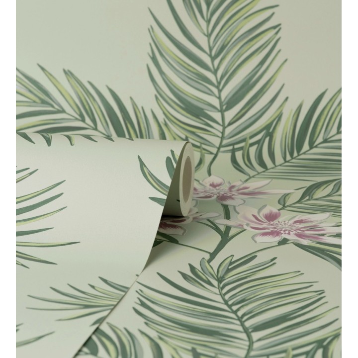 Papel pintado de hojas de palmera con flores estilo tropical color verde claro - Malibu Palms 682363