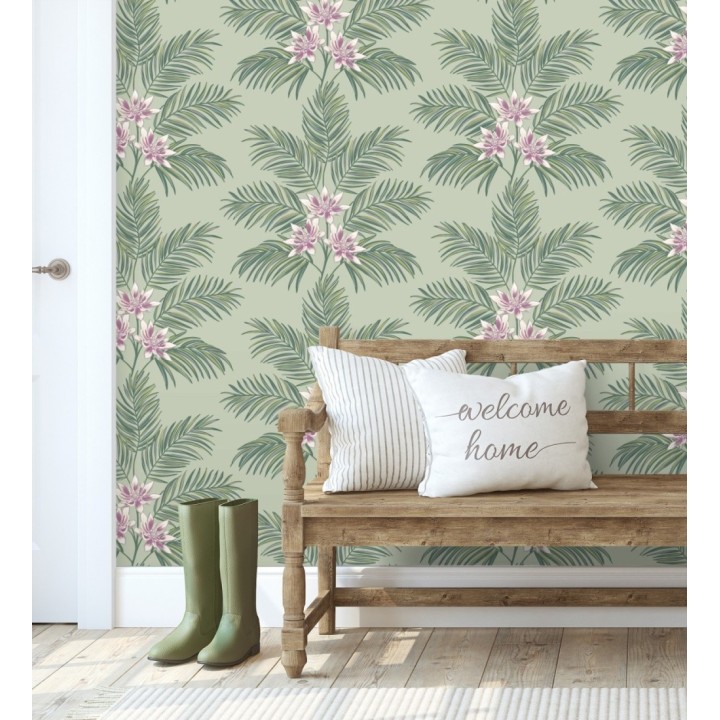 Papel pintado de hojas de palmera con flores estilo tropical color verde claro - Malibu Palms 682363