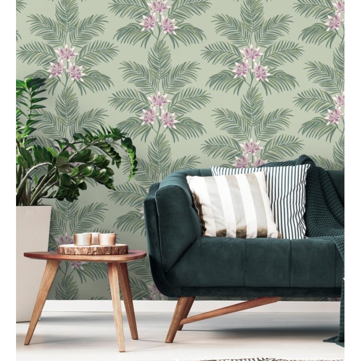 Papel pintado de hojas de palmera con flores estilo tropical color verde claro - Malibu Palms 682363