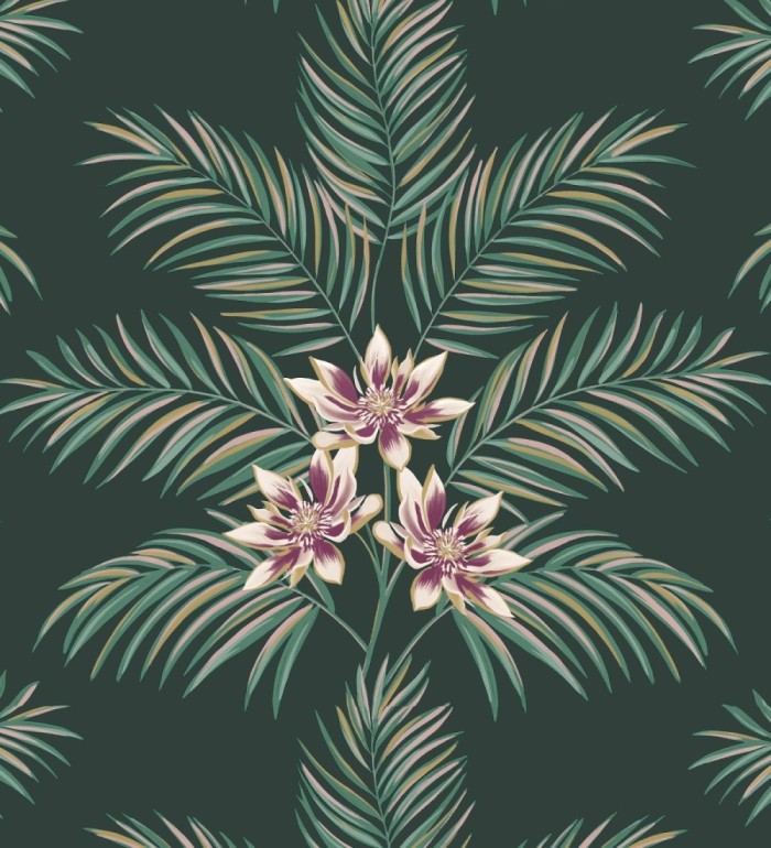 Papel pintado de hojas de palmera con flores estilo tropical color verde oscuro - Malibu Palms 682364