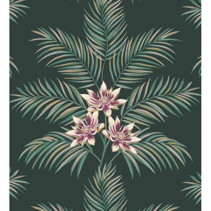 Papel pintado de hojas de palmera con flores estilo tropical color verde oscuro - Malibu Palms 682364