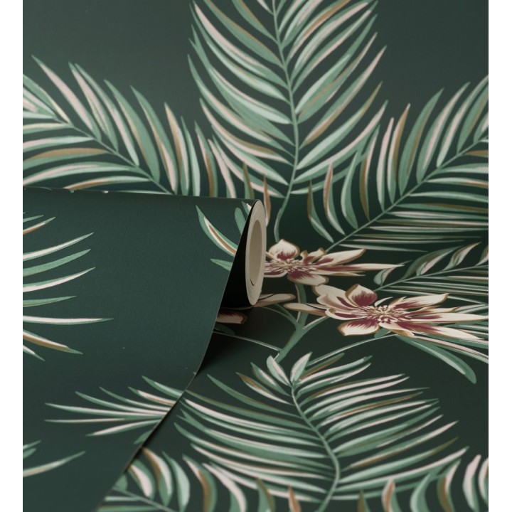 Papel pintado de hojas de palmera con flores estilo tropical color verde oscuro - Malibu Palms 682364
