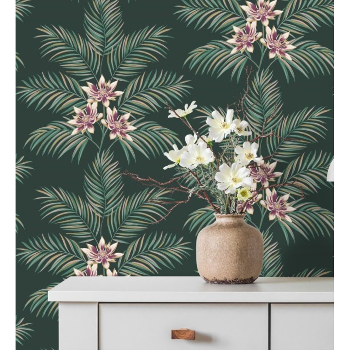 Papel pintado de hojas de palmera con flores estilo tropical color verde oscuro - Malibu Palms 682364