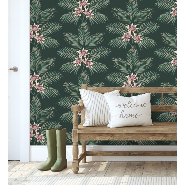Papel pintado de hojas de palmera con flores estilo tropical color verde oscuro - Malibu Palms 682364
