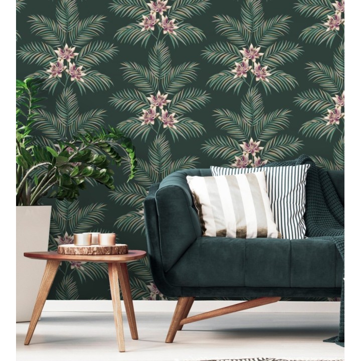 Papel pintado de hojas de palmera con flores estilo tropical color verde oscuro - Malibu Palms 682364