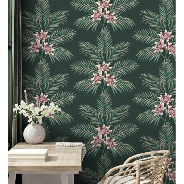 Papel pintado de hojas de palmera con flores estilo tropical color verde oscuro - Malibu Palms 682364