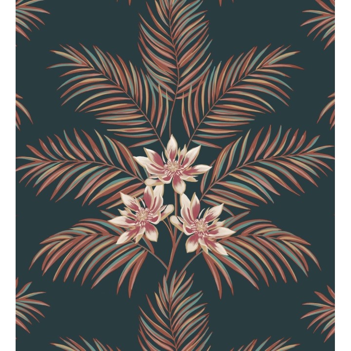 Papel pintado de hojas de palmera con flores estilo tropical color azul petróleo - Malibu Palms 682365