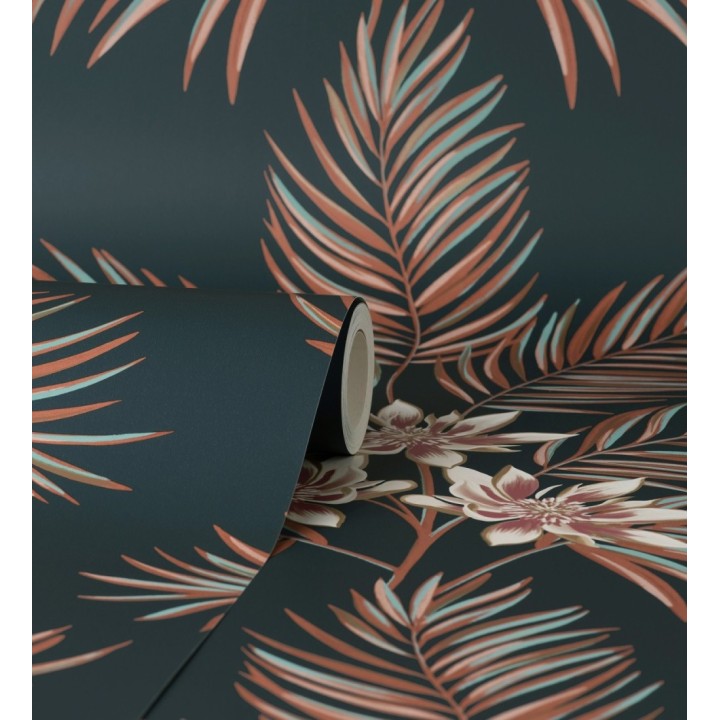 Papel pintado de hojas de palmera con flores estilo tropical color azul petróleo - Malibu Palms 682365