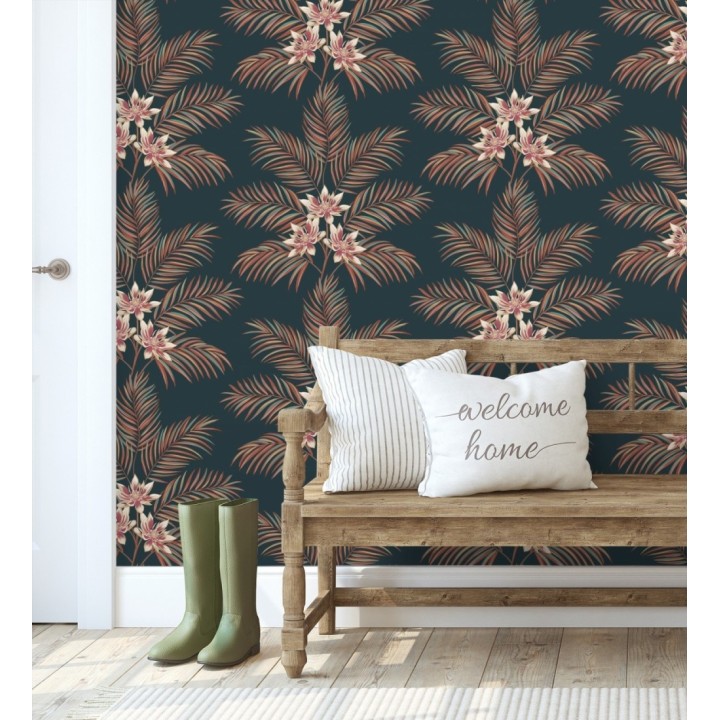 Papel pintado de hojas de palmera con flores estilo tropical color azul petróleo - Malibu Palms 682365