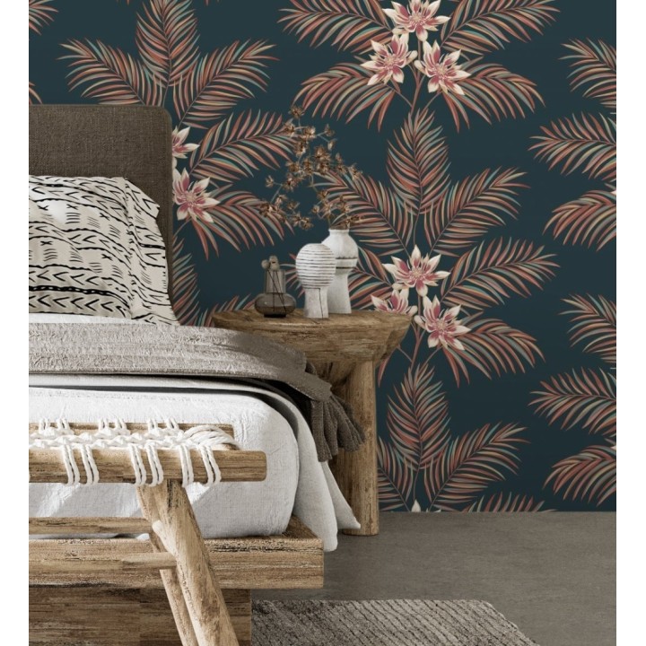Papel pintado de hojas de palmera con flores estilo tropical color azul petróleo - Malibu Palms 682365