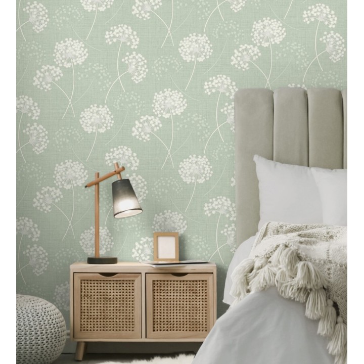 Papel pintado de flores diente de león con estilo nórdico color verde en relieve - Liss Dandelion 682367