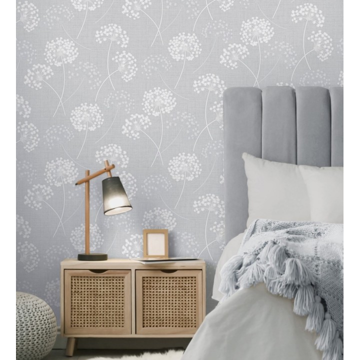 Papel pintado de flores diente de león con estilo nórdico color gris en relieve - Liss Dandelion 682369