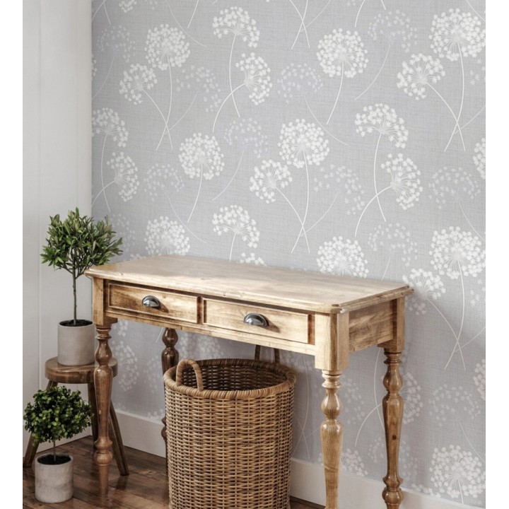 Papel pintado de flores diente de león con estilo nórdico color gris en relieve - Liss Dandelion 682369