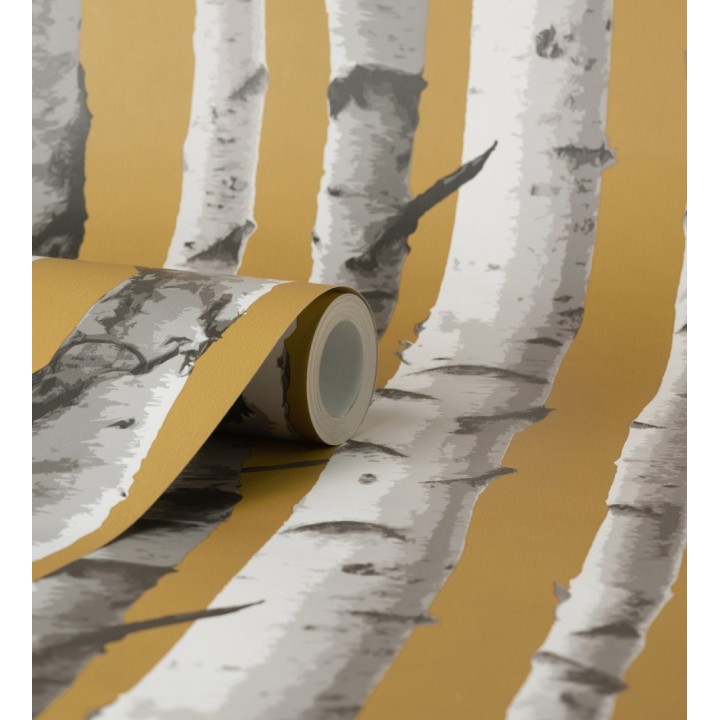 Papel pintado tronco de árboles estilo nórdico color mostaza - Nordic Forest 682372
