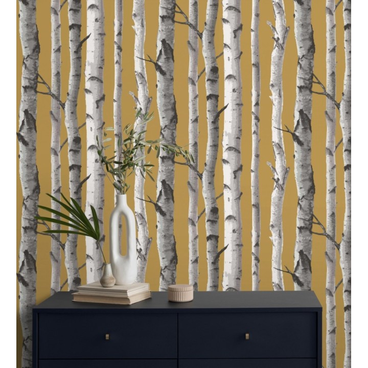 Papel pintado tronco de árboles estilo nórdico color mostaza - Nordic Forest 682372