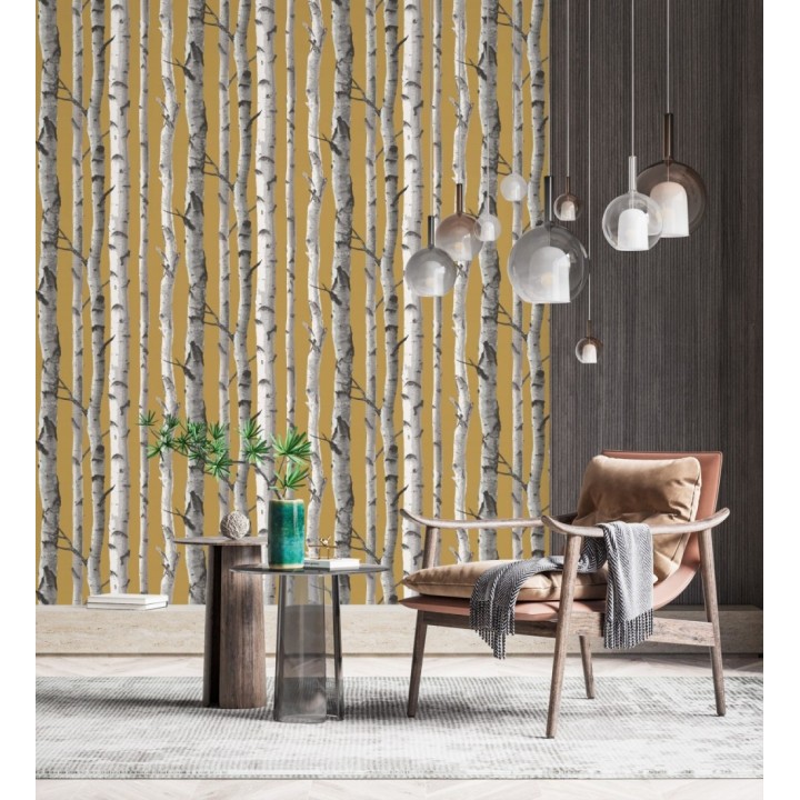 Papel pintado tronco de árboles estilo nórdico color mostaza - Nordic Forest 682372