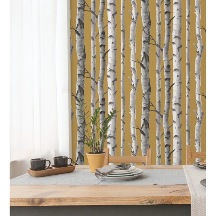 Papel pintado tronco de árboles estilo nórdico color mostaza - Nordic Forest 682372