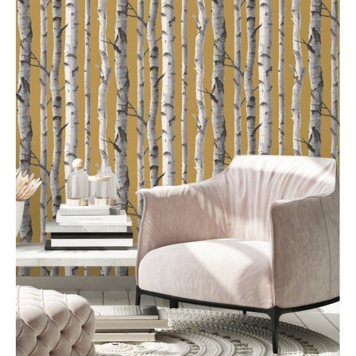 Papel pintado tronco de árboles estilo nórdico color mostaza - Nordic Forest 682372
