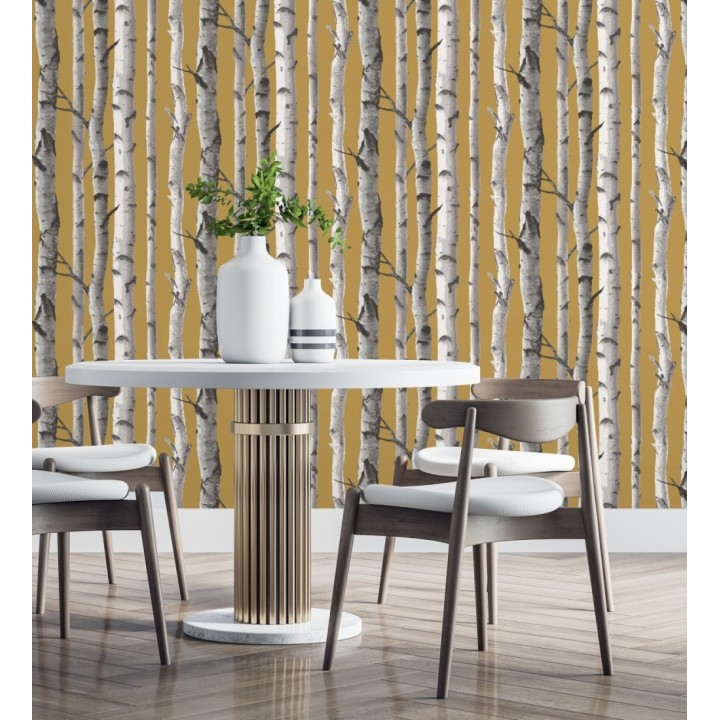 Papel pintado tronco de árboles estilo nórdico color mostaza - Nordic Forest 682372